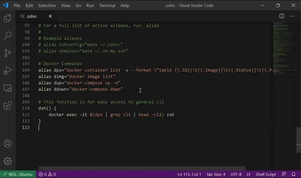 Text editor showing Docker command aliases added to the .zshrc configuration file