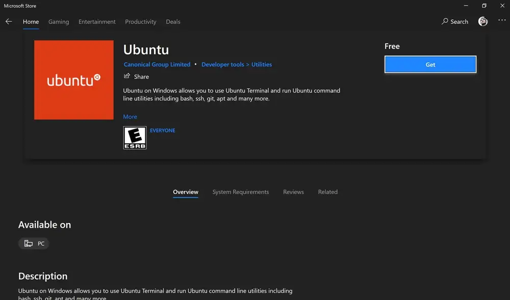 Ubuntu 20.04 app listing in the Microsoft Windows Store