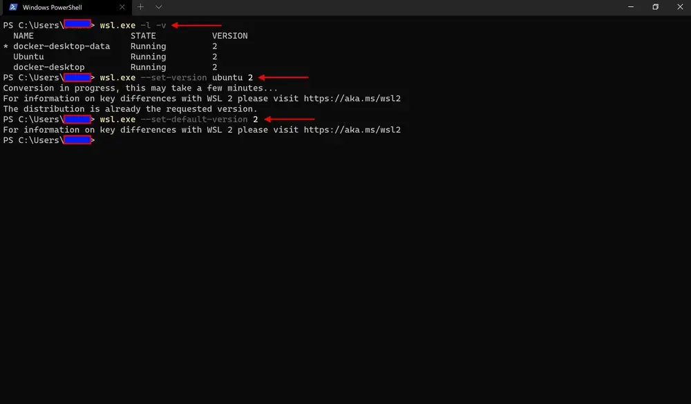 Windows Terminal output showing WSL version check and upgrade commands