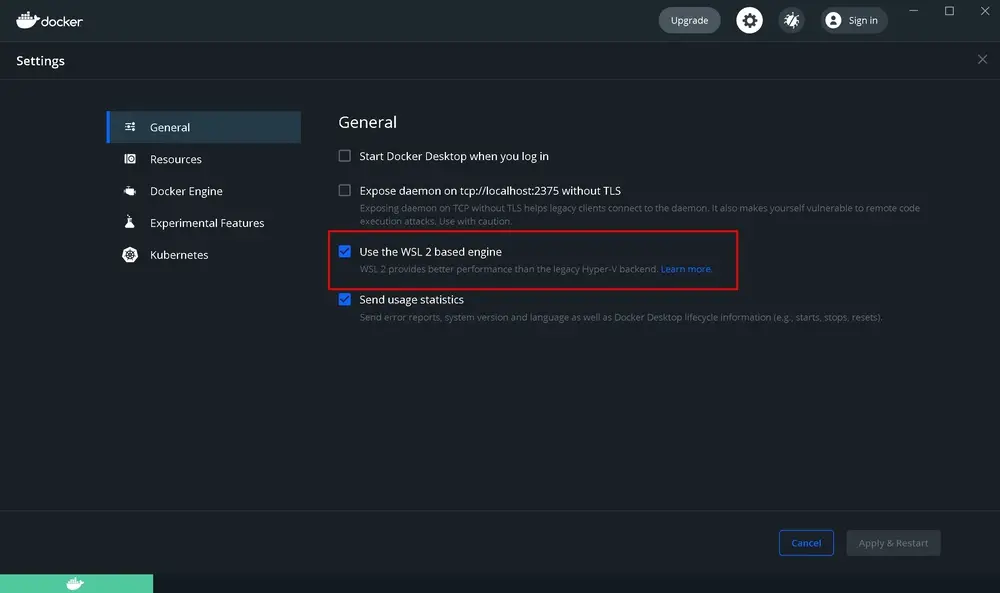 Docker Desktop General settings with Use the WSL 2 based engine option checked