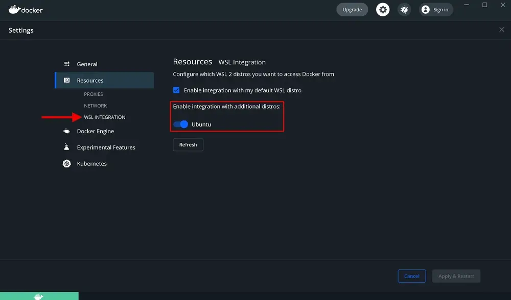 Docker Desktop Resources WSL Integration settings with Ubuntu-20.04 distro enabled