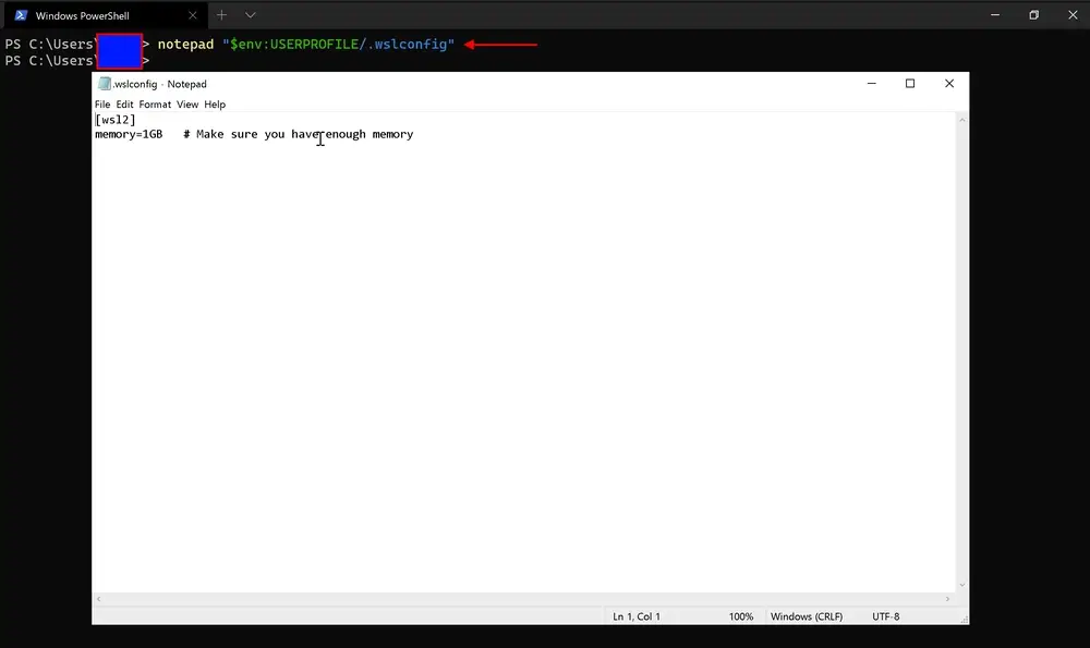 Notepad editor showing .wslconfig file with memory=1GB WSL2 setting