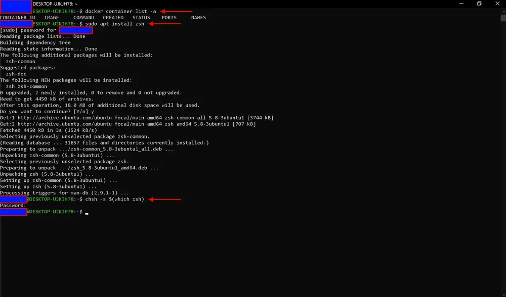 Ubuntu terminal showing ZSH installation and setting it as the default shell
