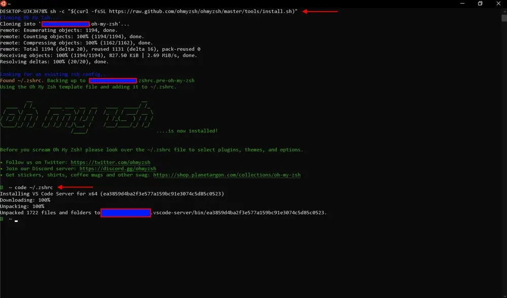 Ubuntu terminal showing Oh My Zsh installation completing