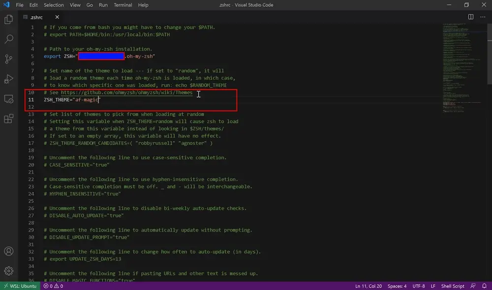 Terminal showing the af-magic Oh My Zsh theme configured in .zshrc