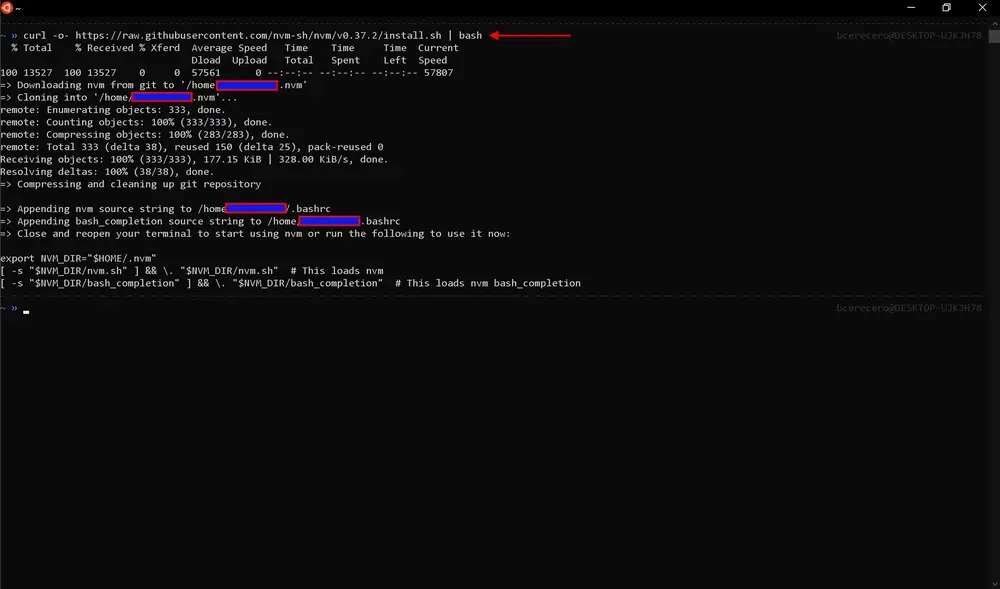 Ubuntu terminal showing NVM installation output