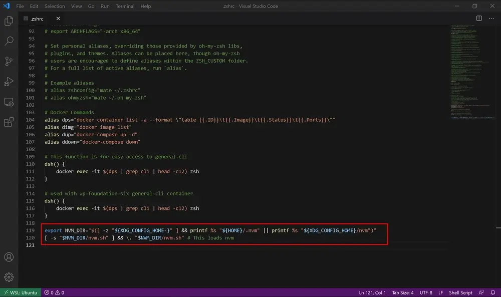 Ubuntu terminal showing Node.js v12.20.1 installed via NVM