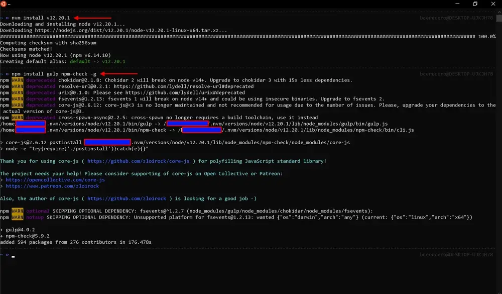Ubuntu terminal showing gulp and npm-check installed globally via npm