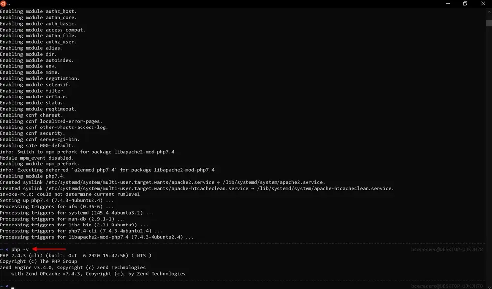Ubuntu terminal showing Composer installation and version verification