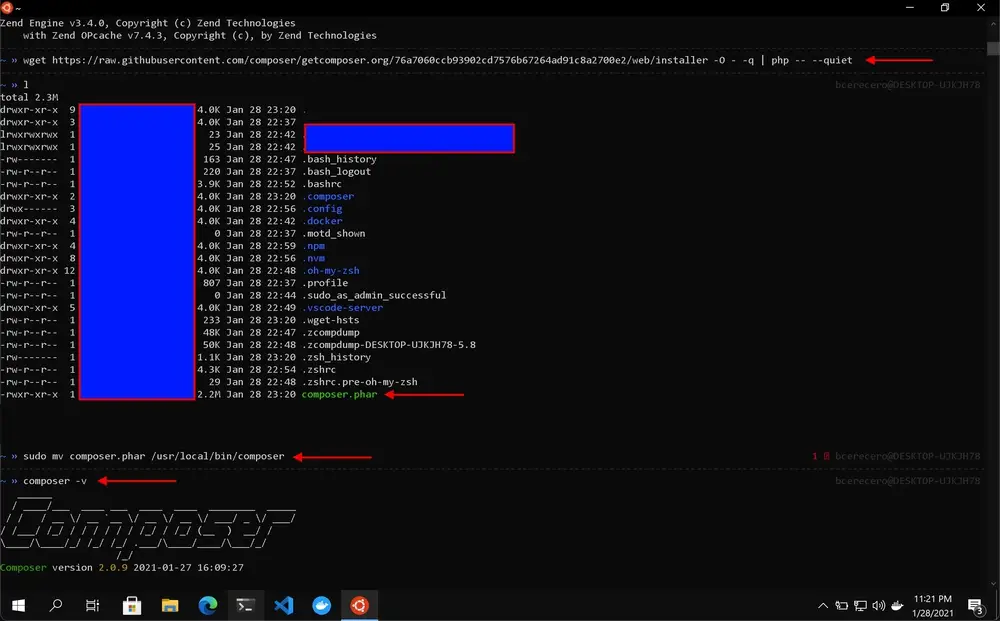 Ubuntu terminal showing Composer installed and accessible globally