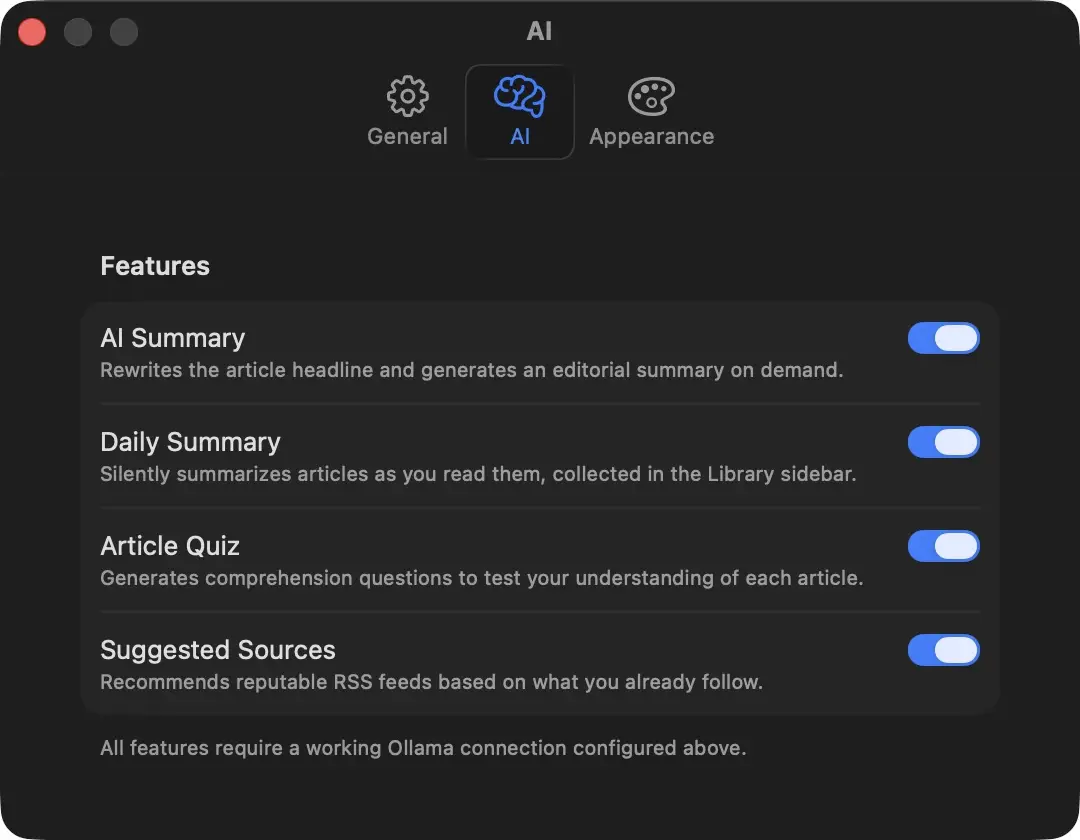 The Daily Feed AI features settings screen