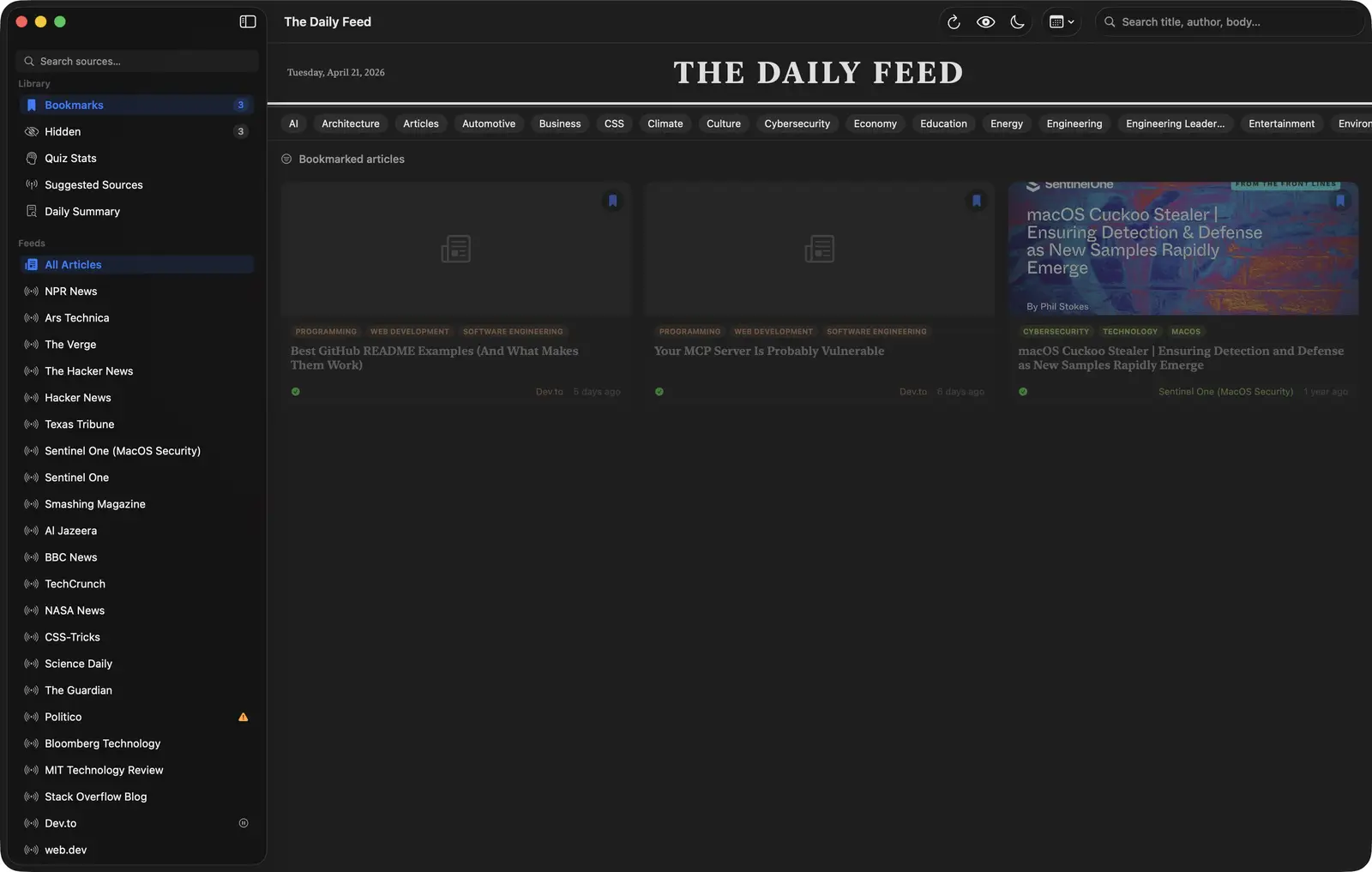 The Daily Feed bookmarks screen
