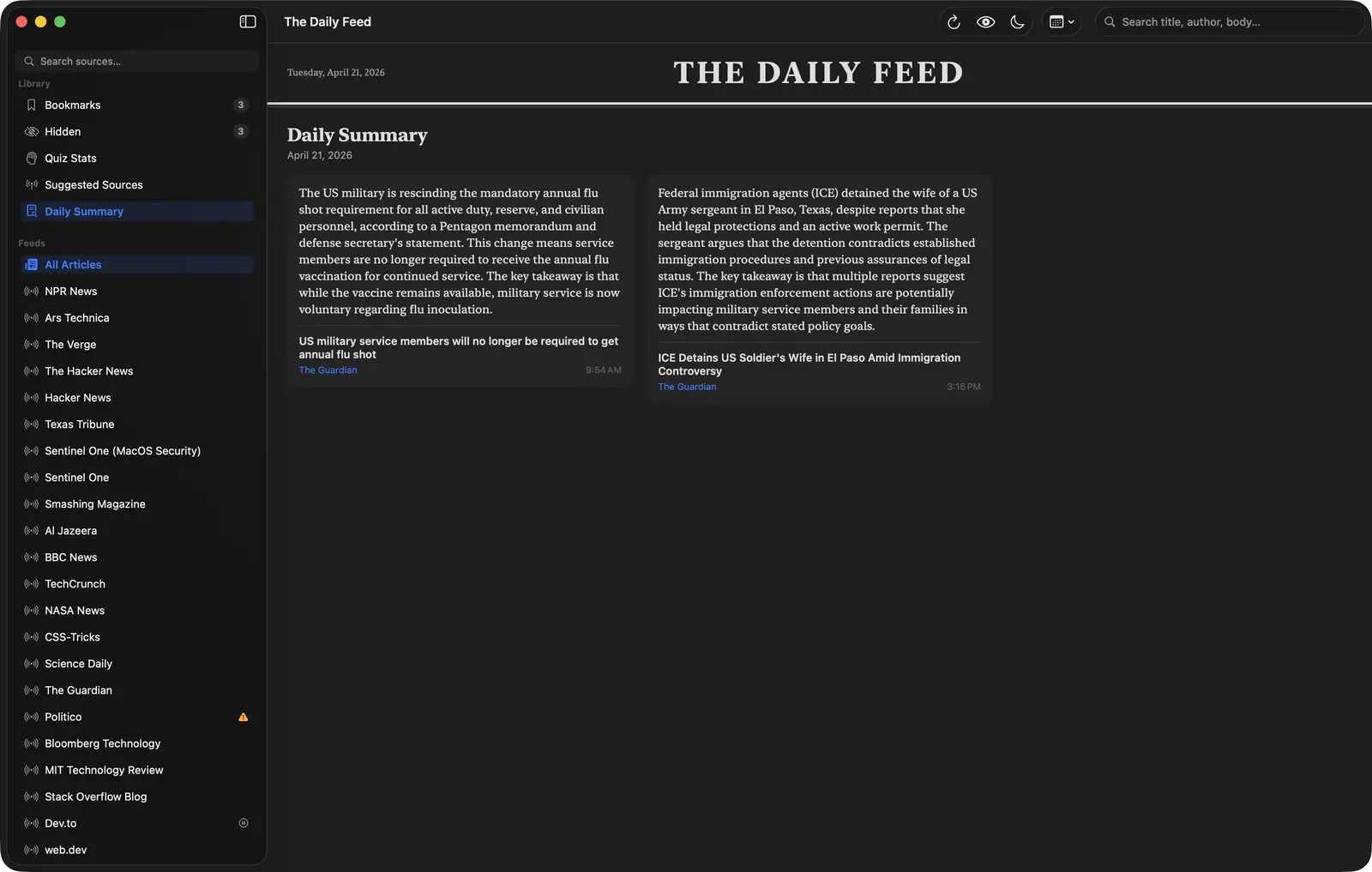 The Daily Feed daily summary view