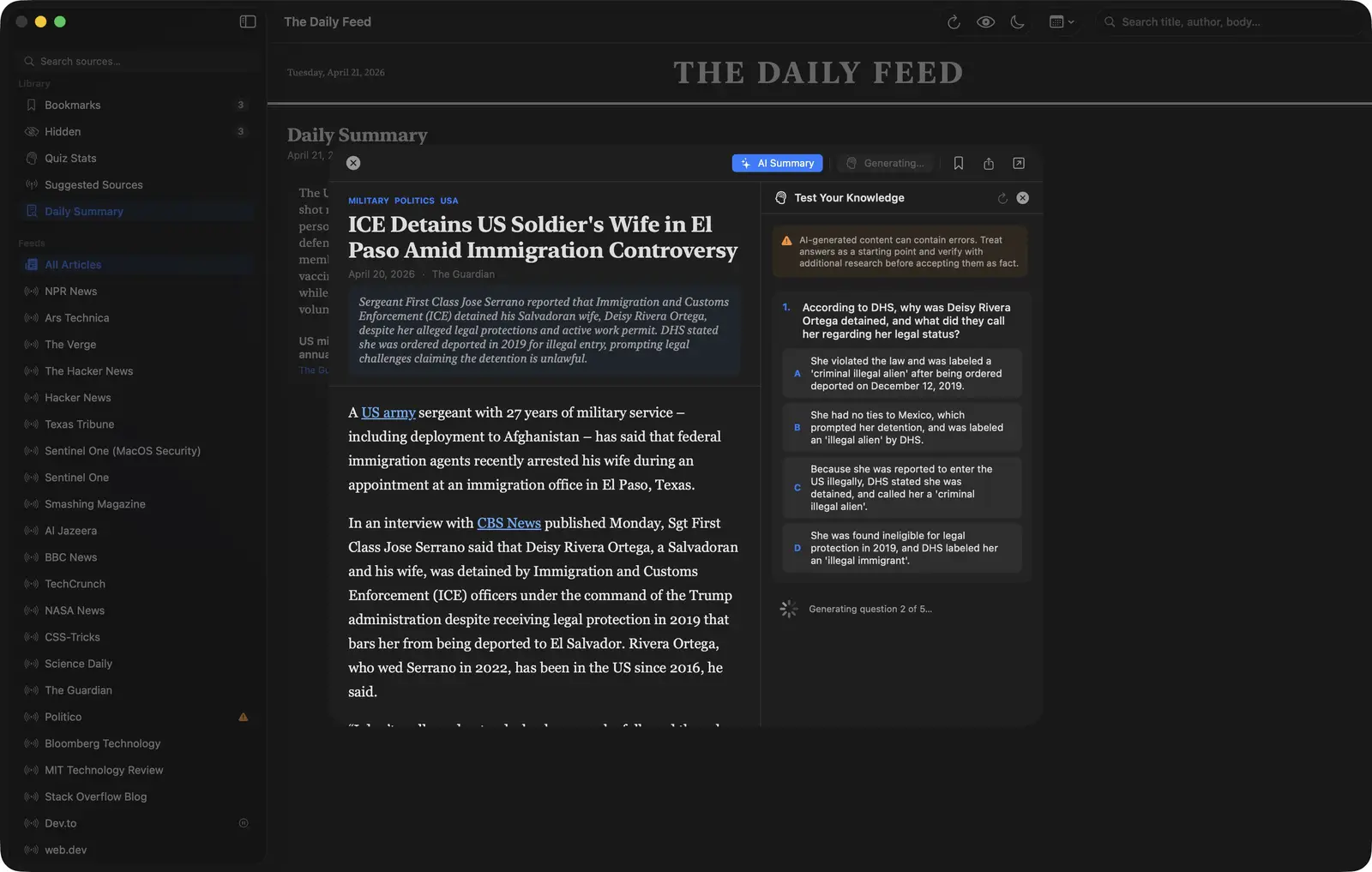 The Daily Feed quiz screen with question generation from Ollama