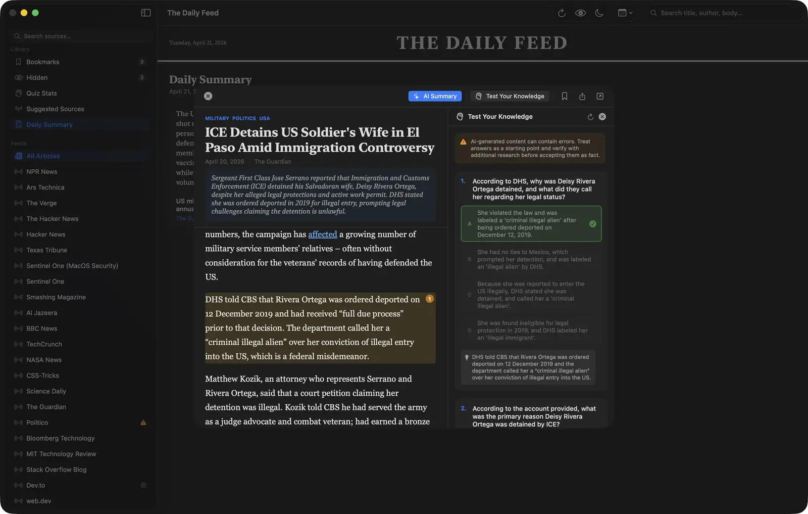 The Daily Feed quiz screen where an answer is correct