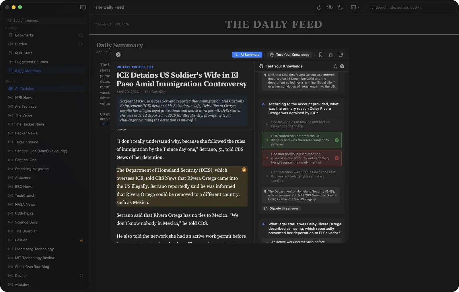 The Daily Feed quiz screen where an answer was incorrect