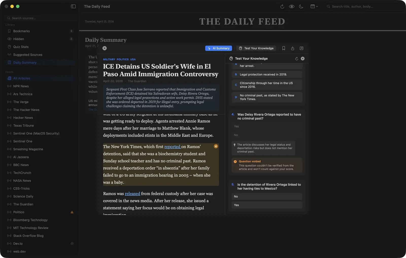 The Daily Feed quiz screen where a question was voided