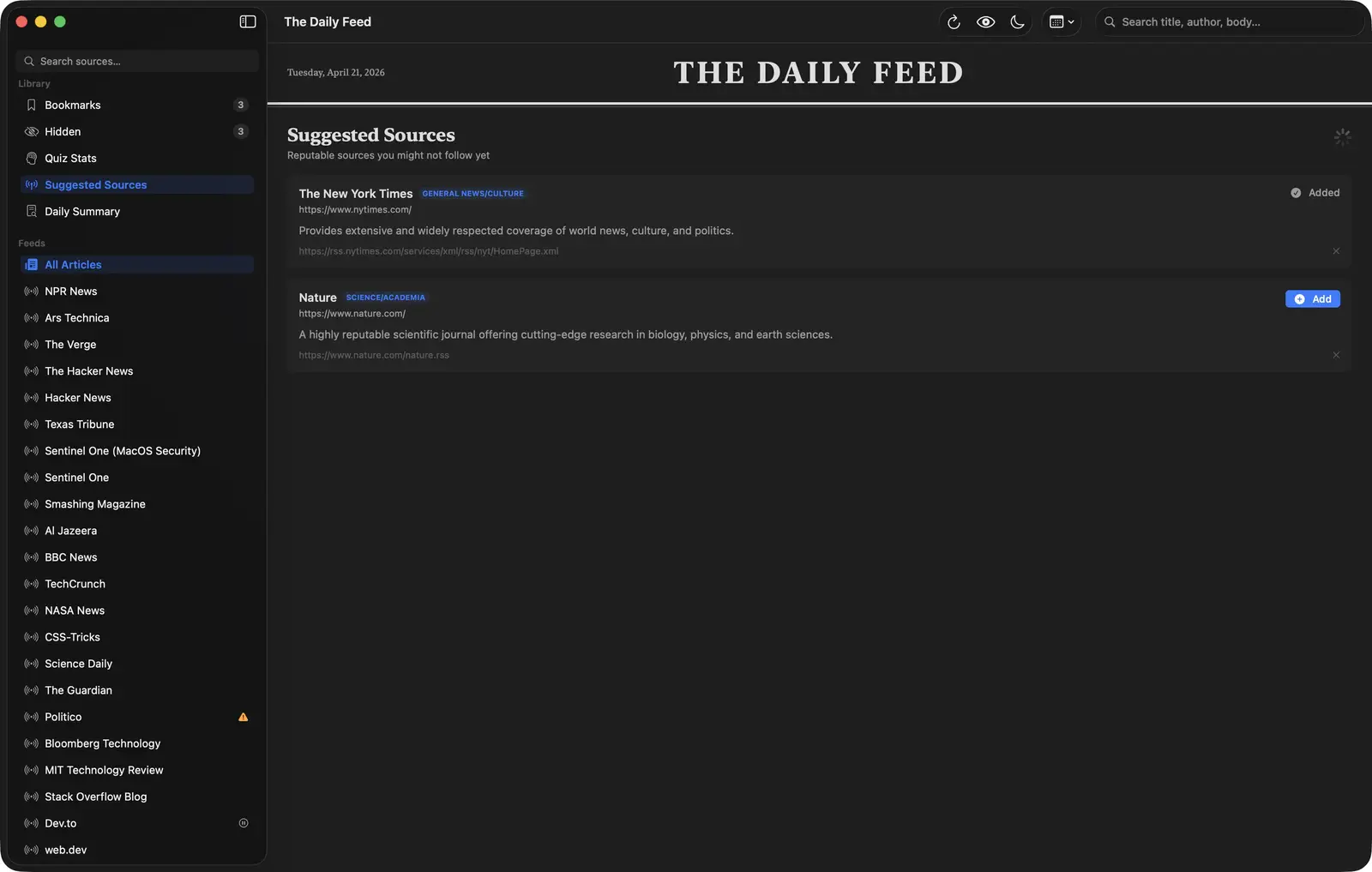 The Daily Feed suggested sources view