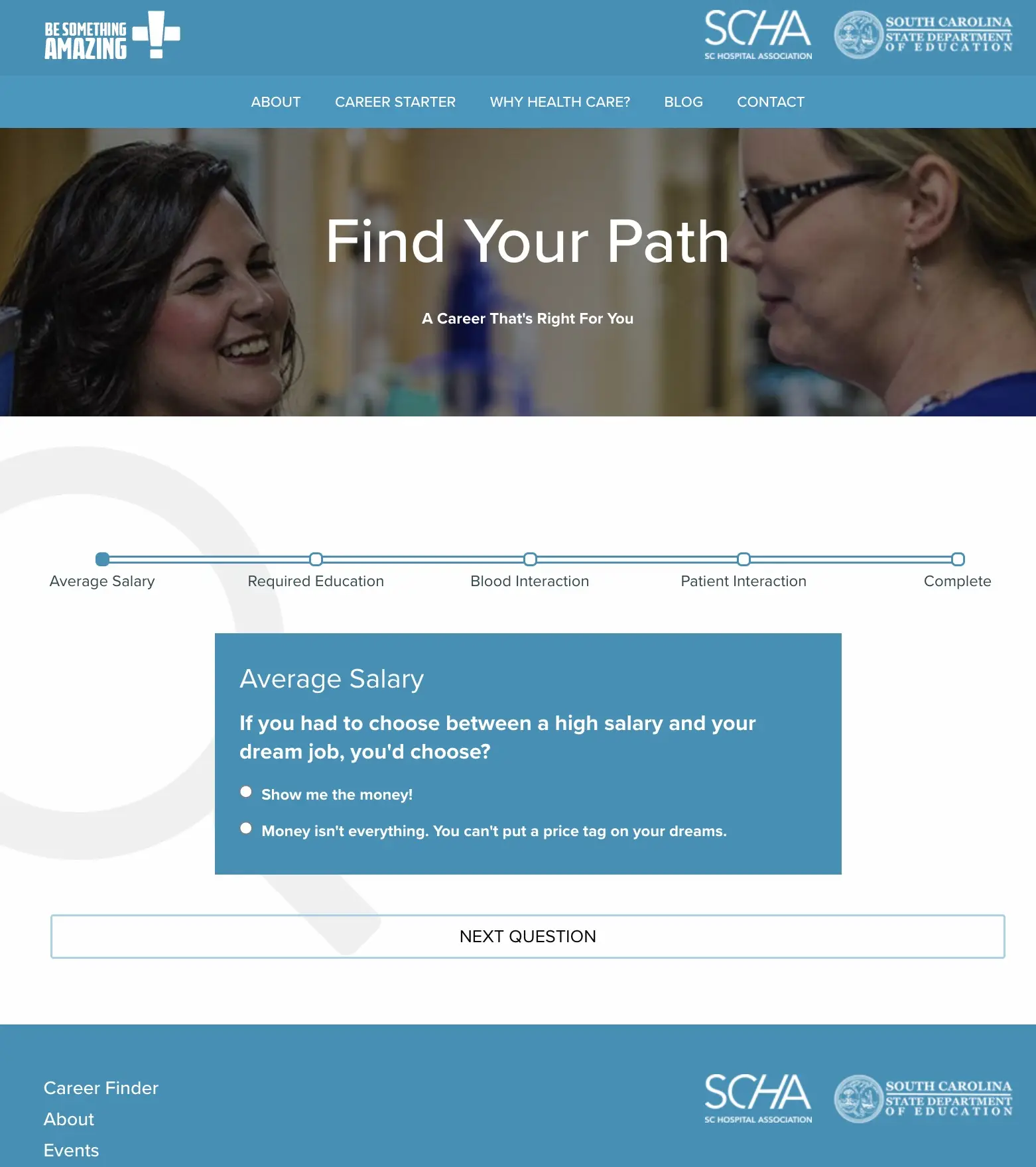 Be Something Amazing career quiz with four sections and a results summary at the end