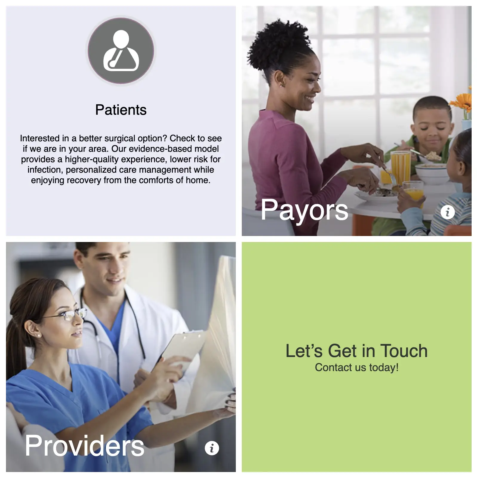 Partner With Us flip cards grid targeting Patients, Payors, Providers, and a contact CTA