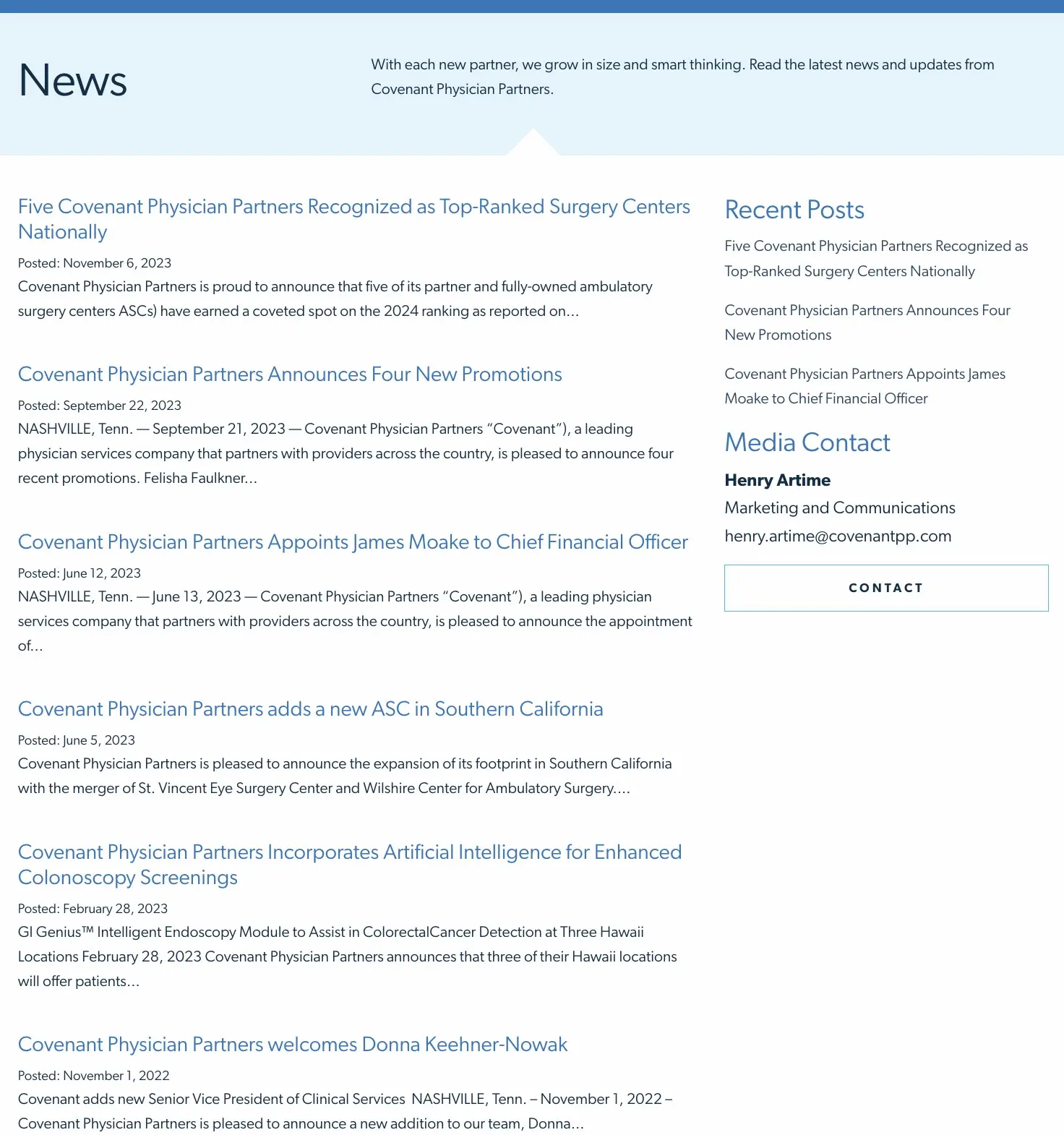 News section with paginated post listing