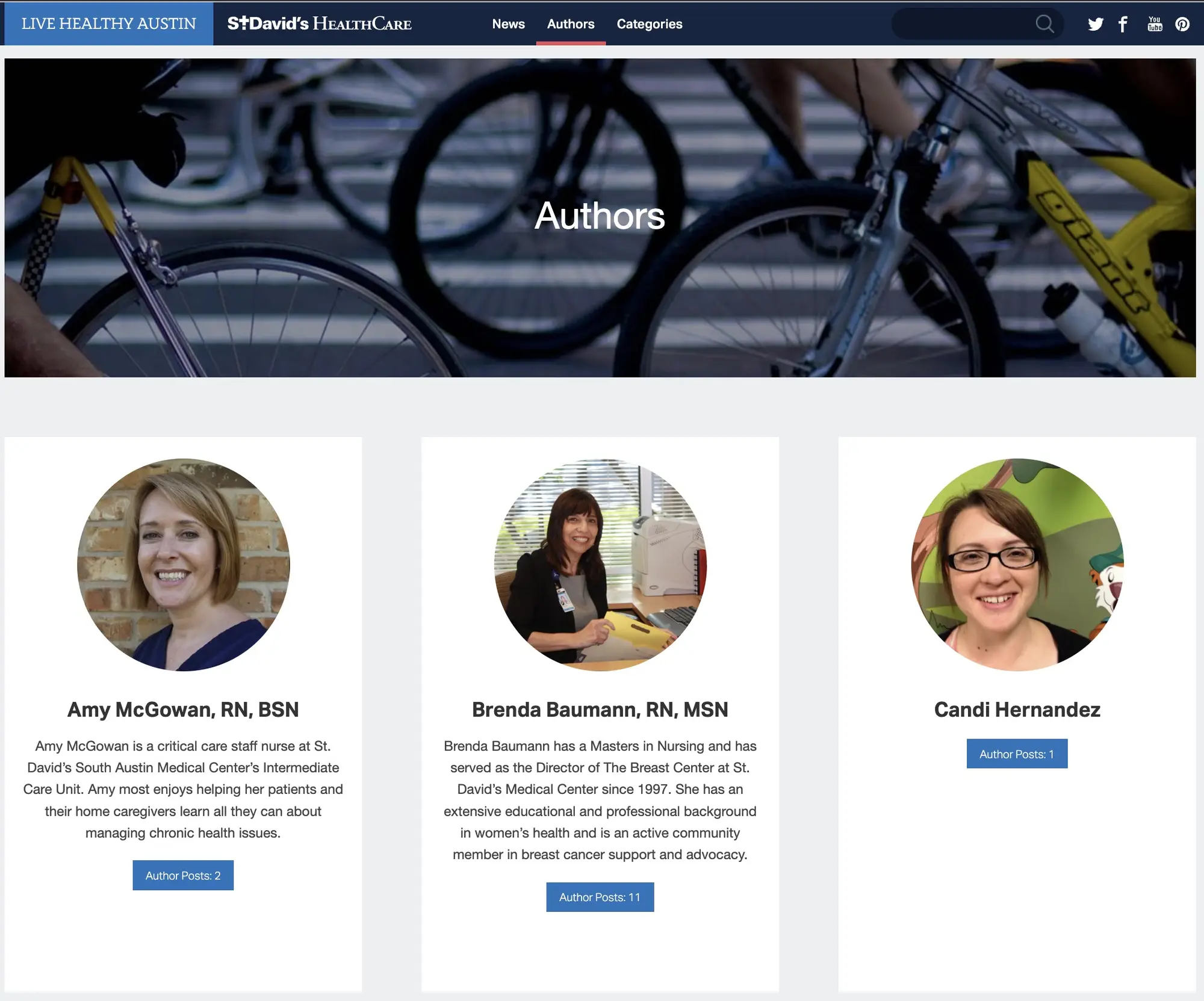 Authors page with contributor photos, bios, and post links