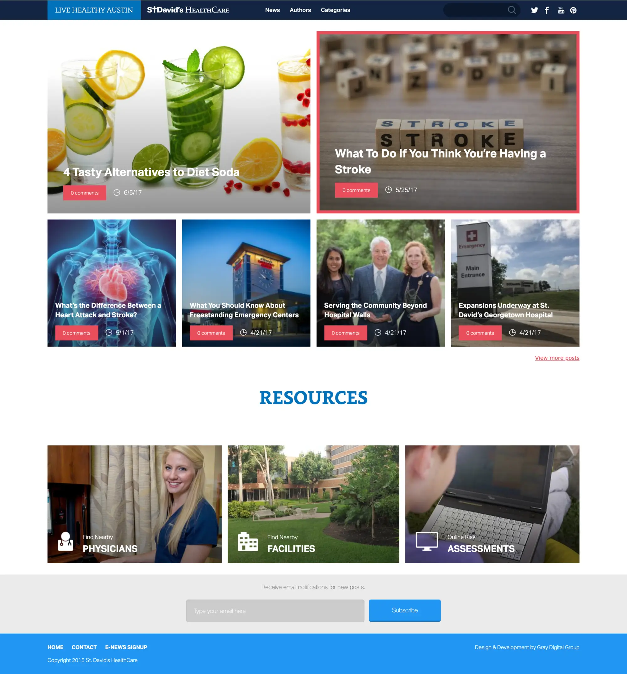 Live Healthy Austin home page with featured card layout and resources section