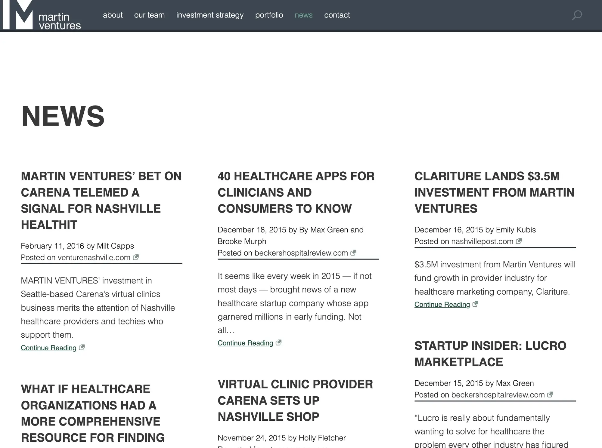 News page with masonry grid of external article cards