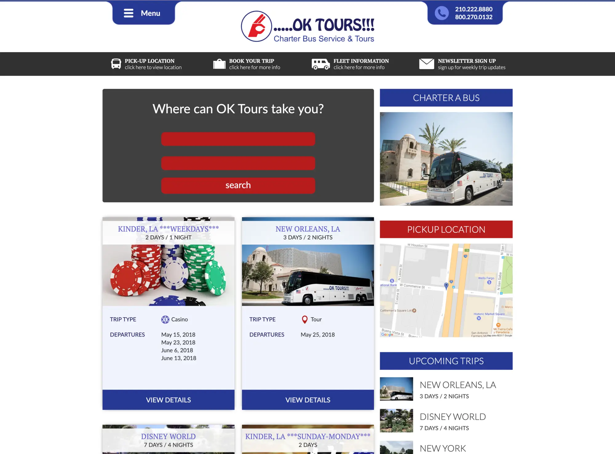 OK Tours calendar page with departure dates and tour icons by destination