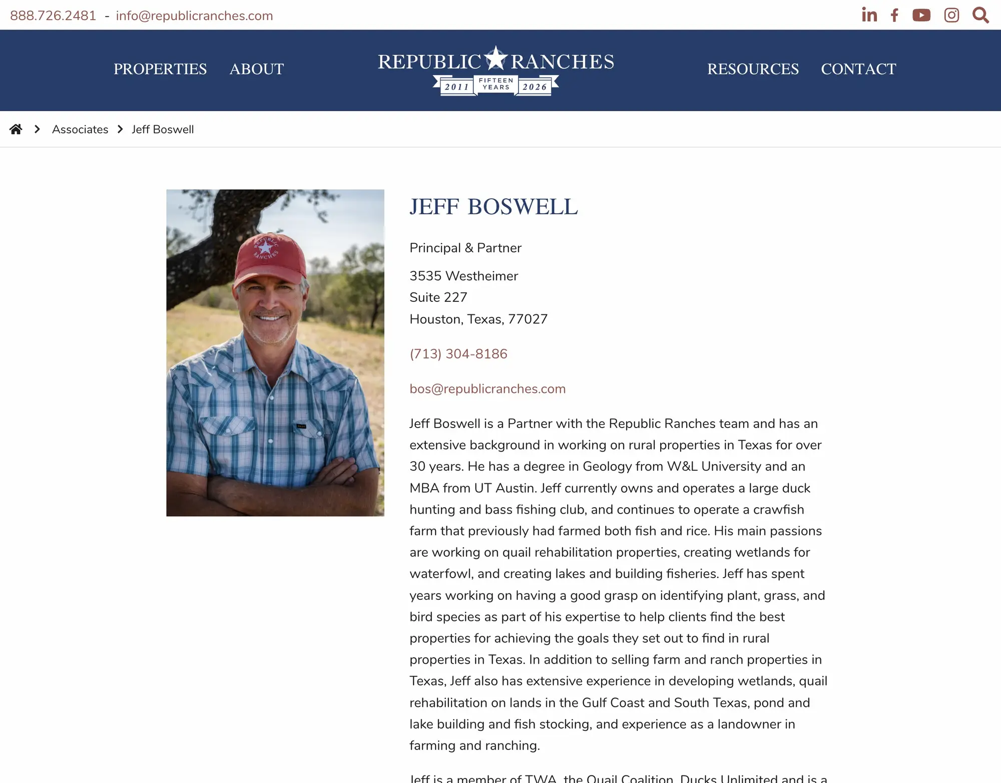 Republic Ranches associate detail page with photo, contact information, and contact form