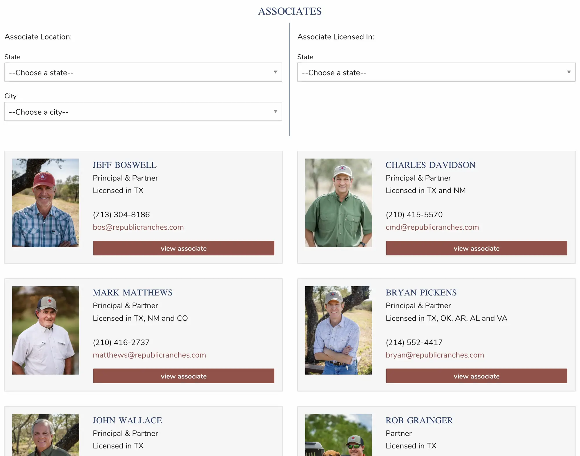 Republic Ranches associates listing page with state, city, and license filters