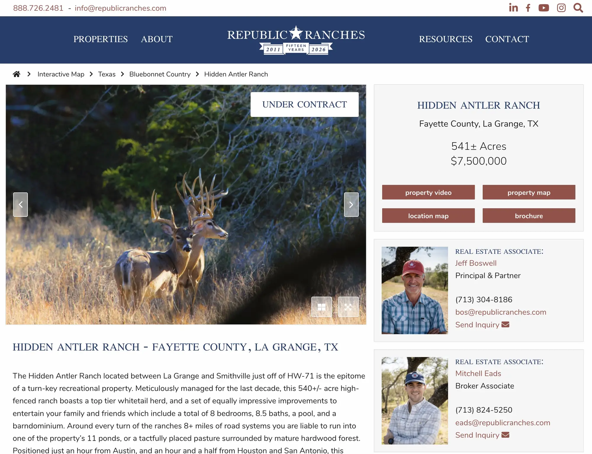 Republic Ranches property detail page with gallery, breadcrumbs, sidebar, and associate card