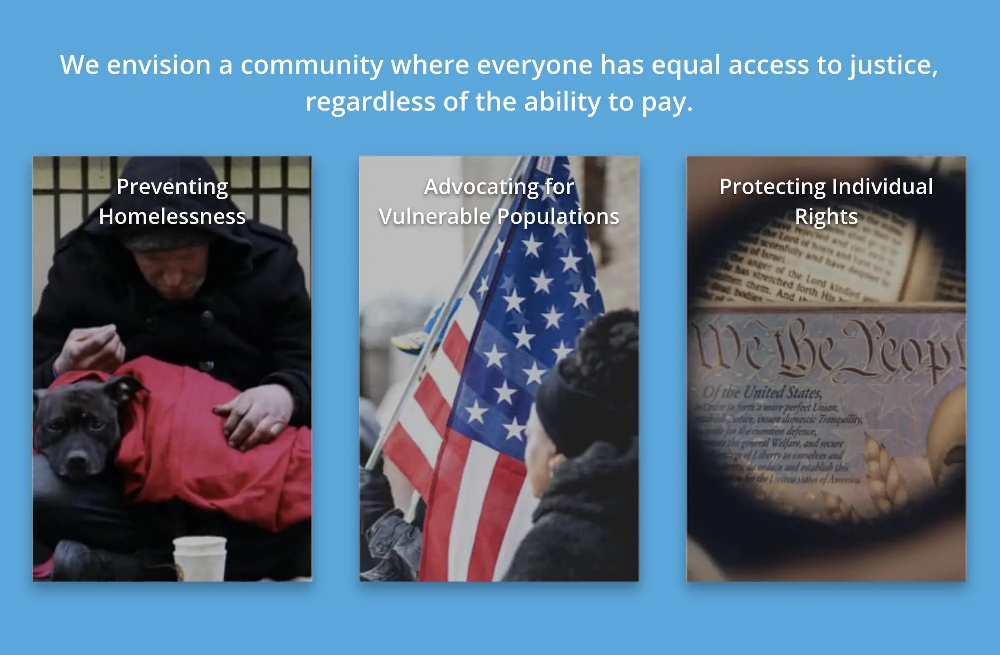 SALSA homepage mission statement section with three image cards