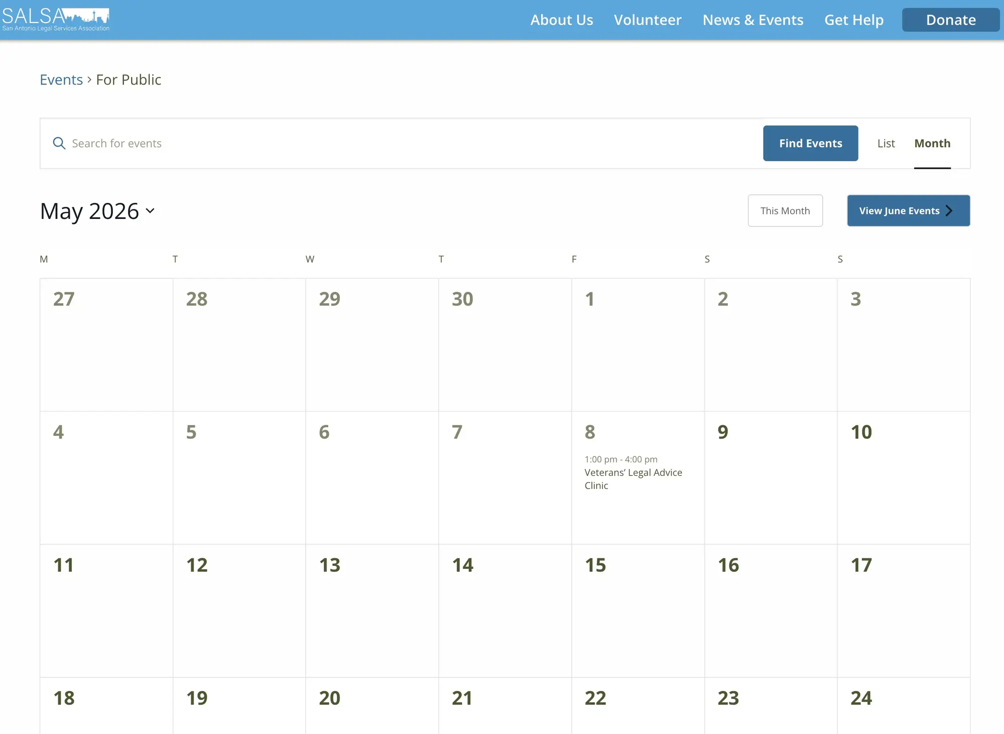SALSA public events calendar interface