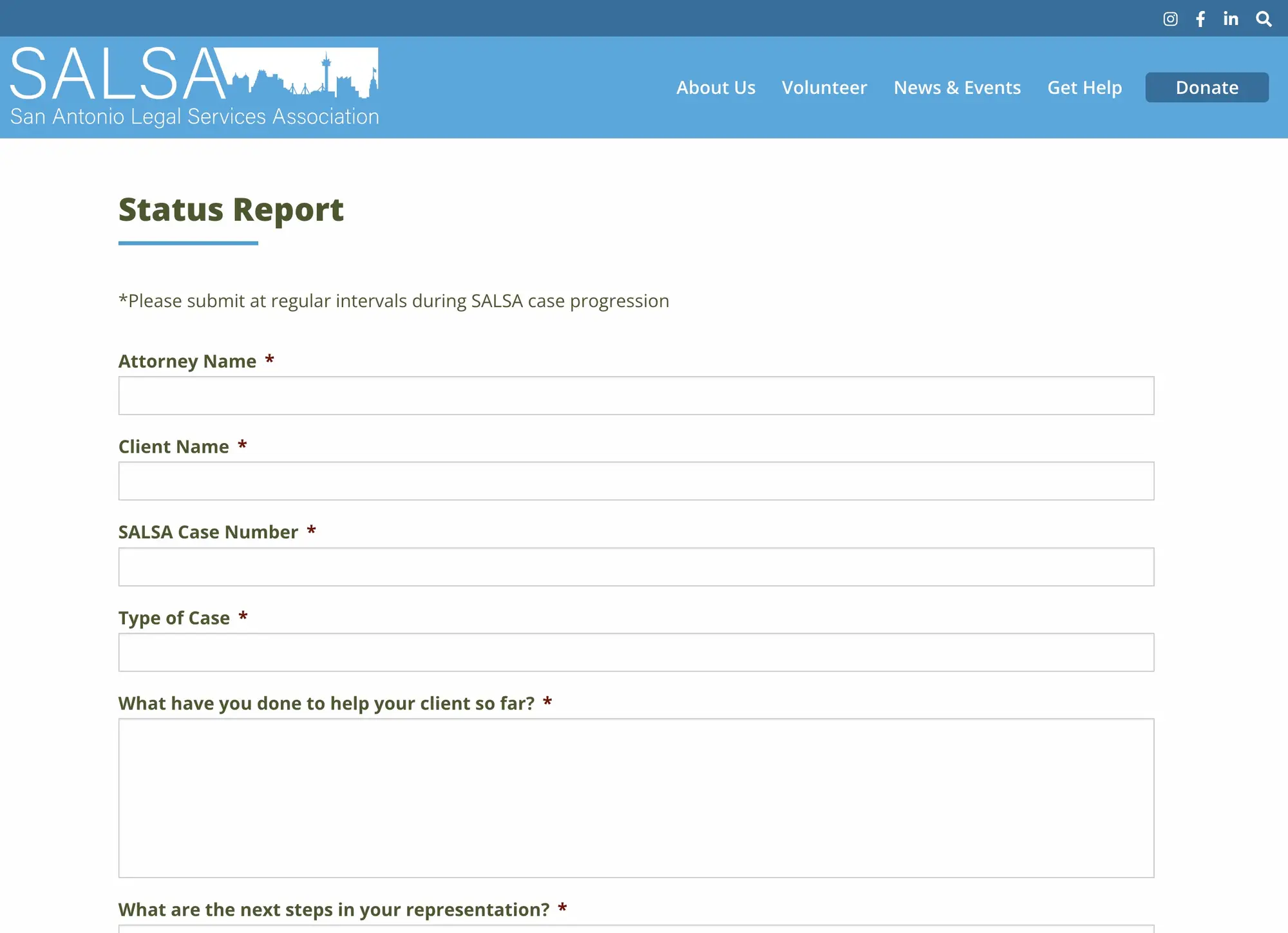 SALSA status reports form section built with Gravity Forms