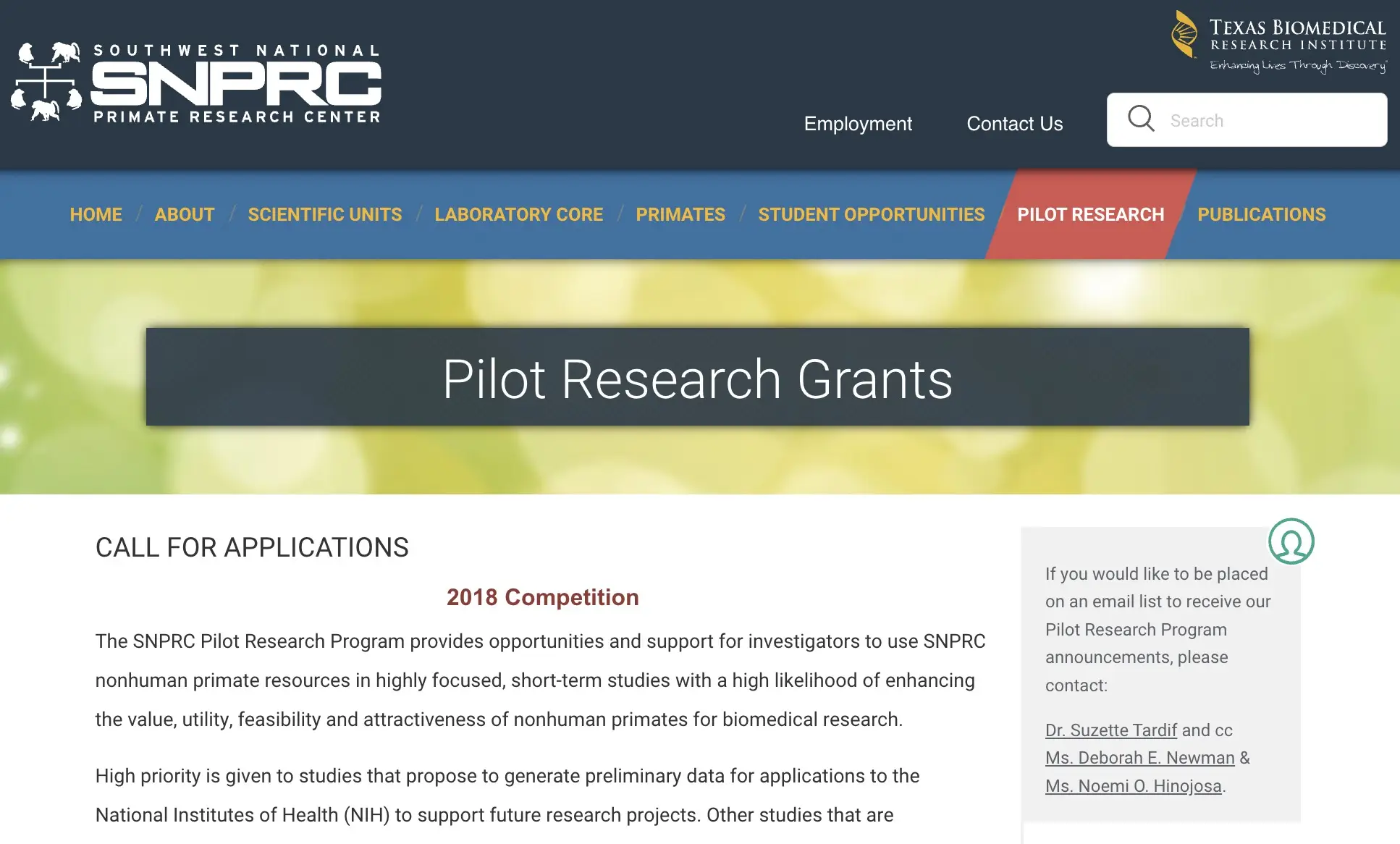 Pilot Research Grants page with contact information in the sidebar