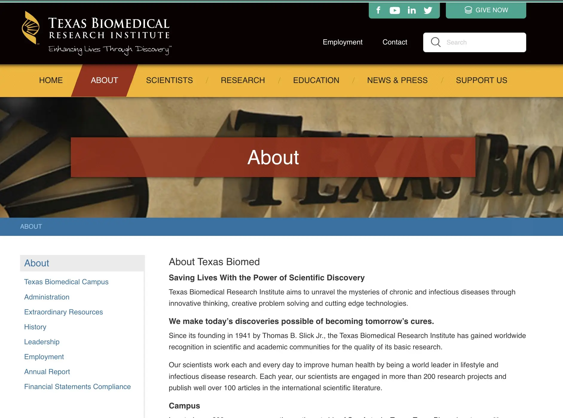 Texas Biomedical Research Institute about page with left-hand sidebar sub-navigation