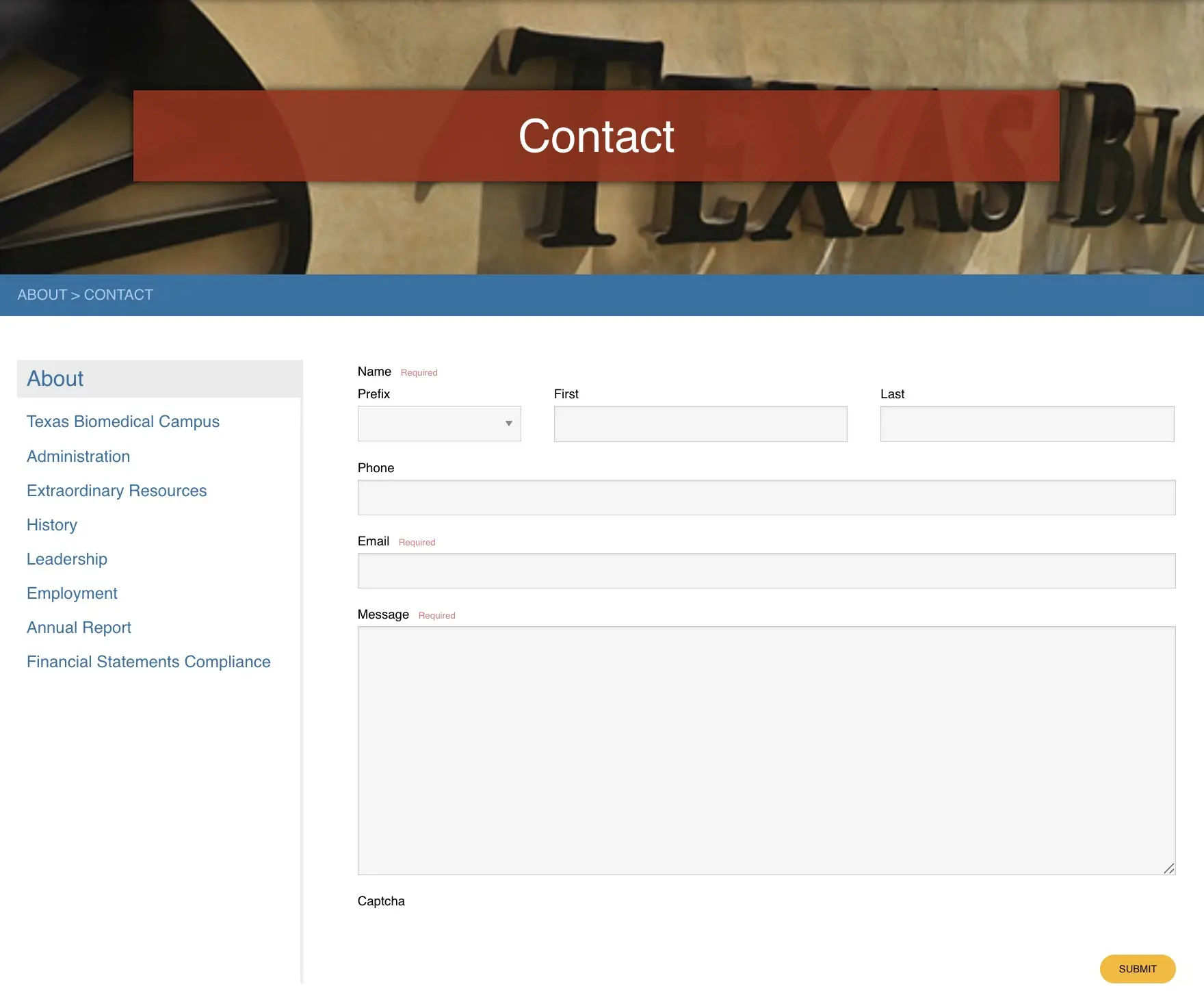 Contact page with Gravity Forms on Texas Biomedical Research Institute