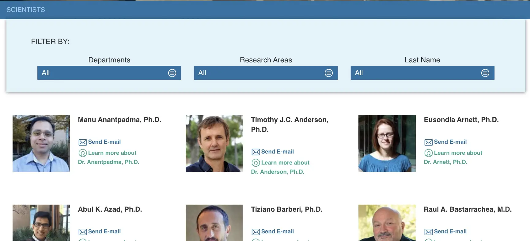 Scientist directory with department, research area, and last name filters