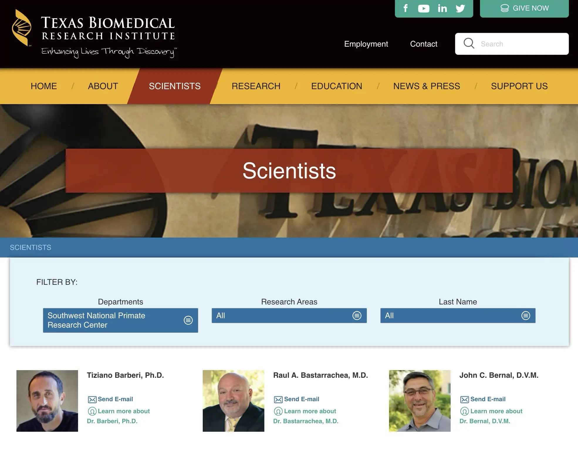 Texas Biomedical Research Institute scientist page, pre-filtered to SNPRC scientists