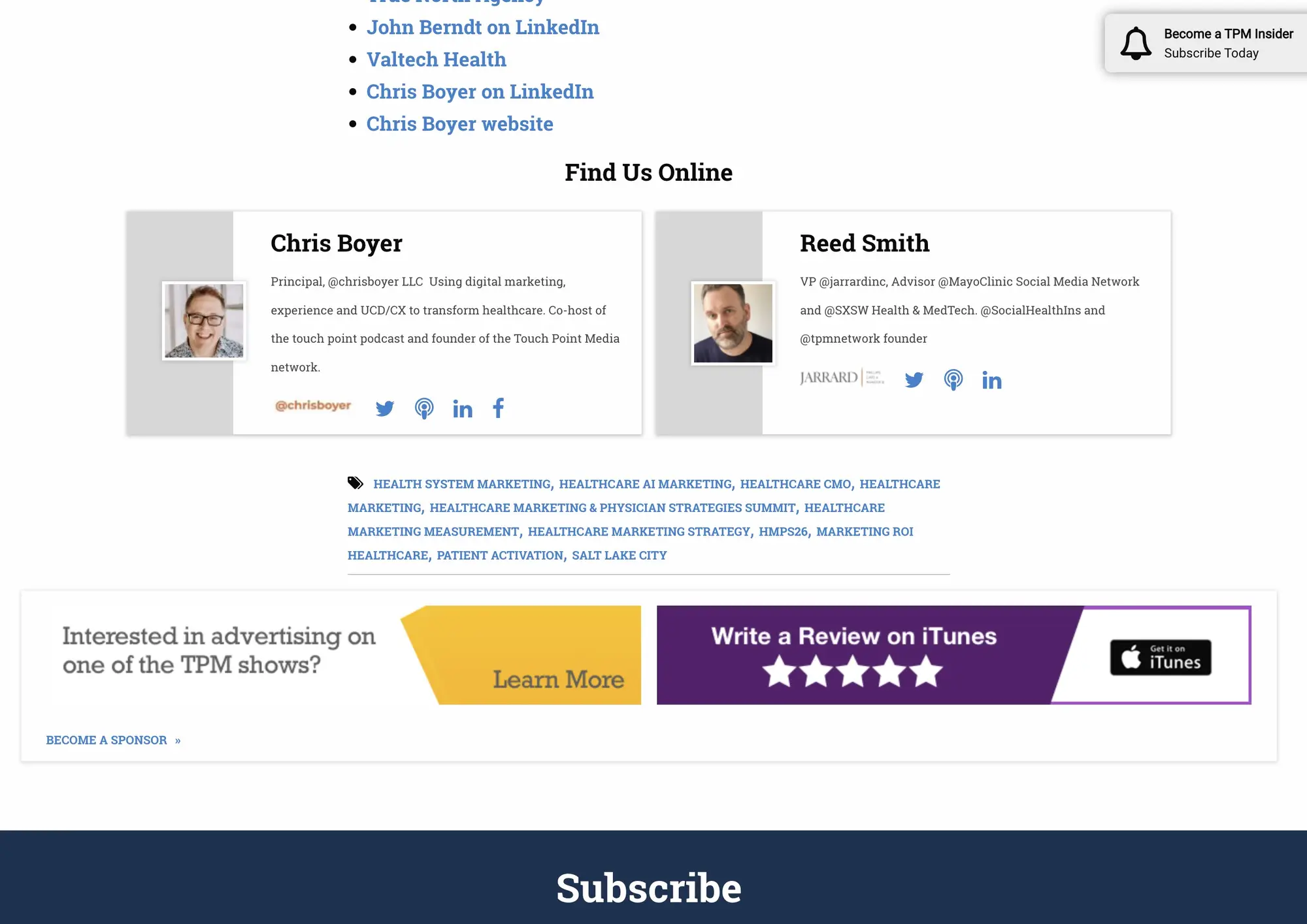 Touchpoint Media episode footer with tags, related episode postcards, and advertising slot