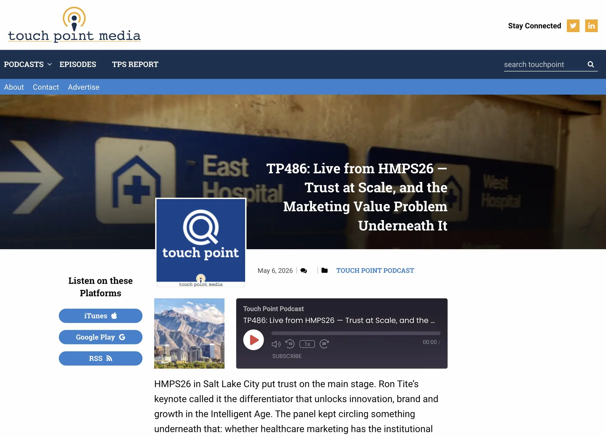 Touchpoint Media episode page with banner, sidebar platform links, and podcast player