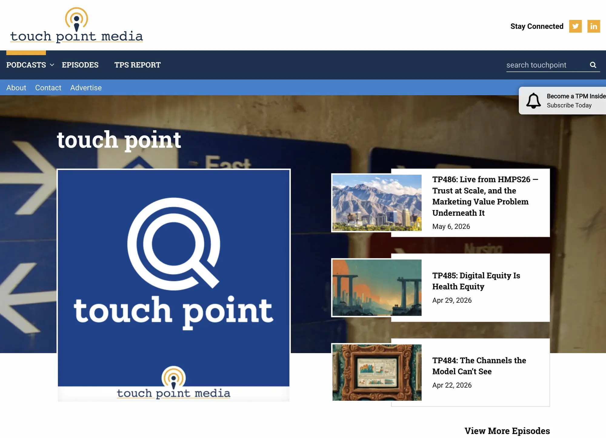 Touchpoint Media podcast show detail page with banner, recent episodes, and host card