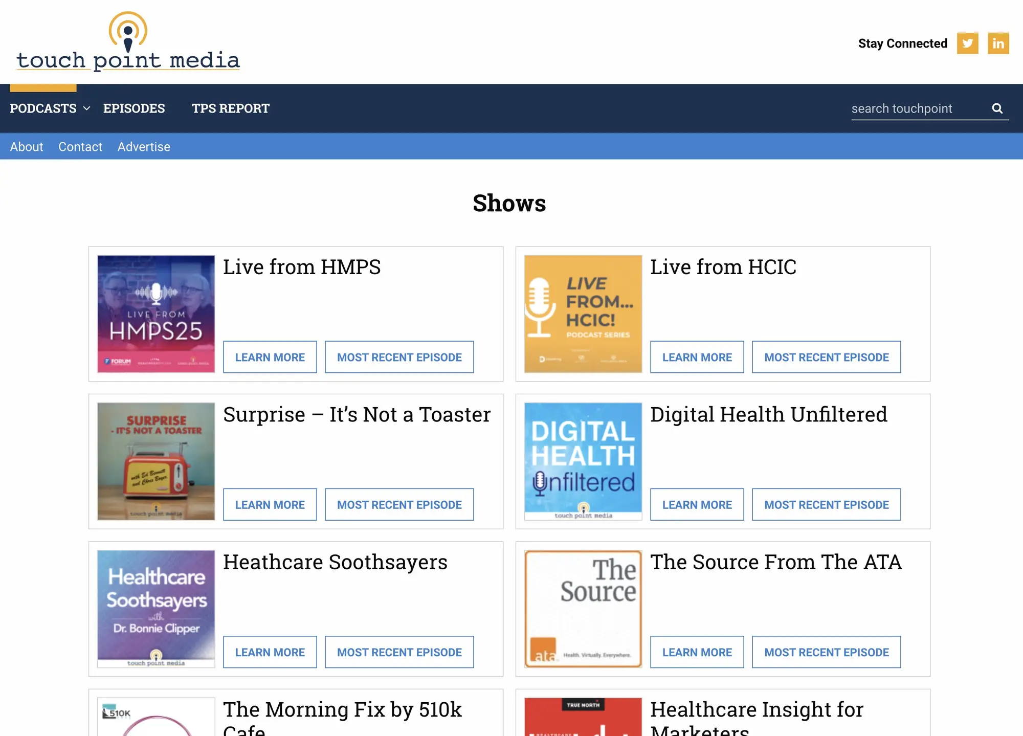 Touchpoint Media podcast shows listing page
