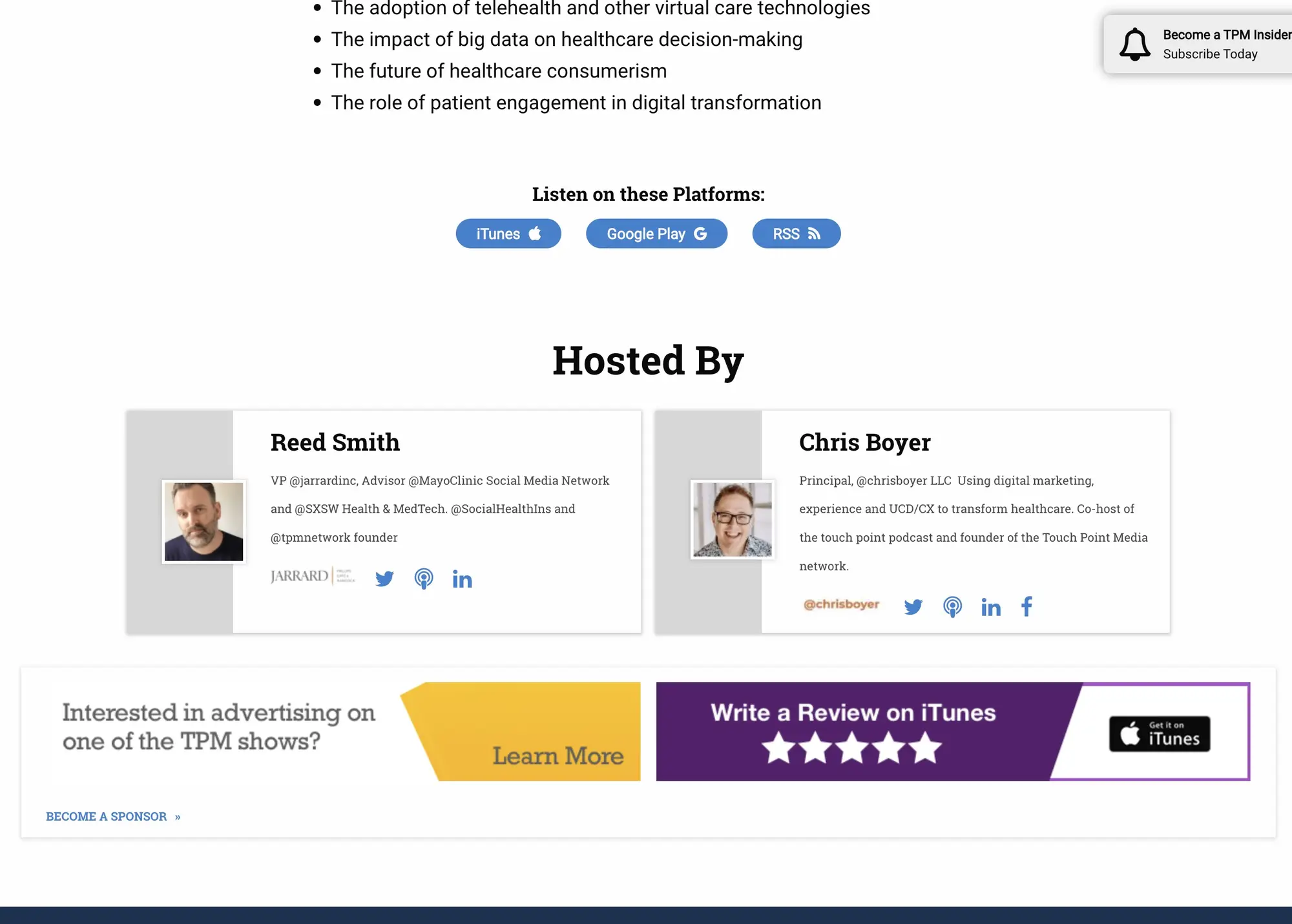 Touchpoint Media show page footer with host card, platform links, and advertising slot