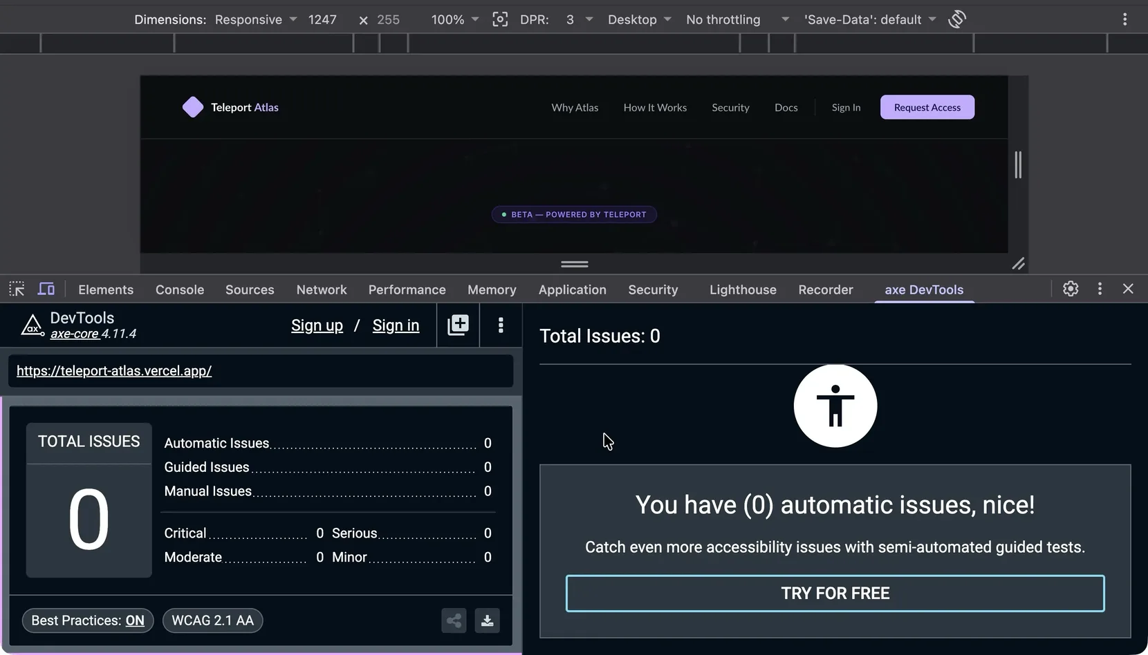 axe DevTools reporting zero accessibility issues for the page against WCAG 2.1 AA.