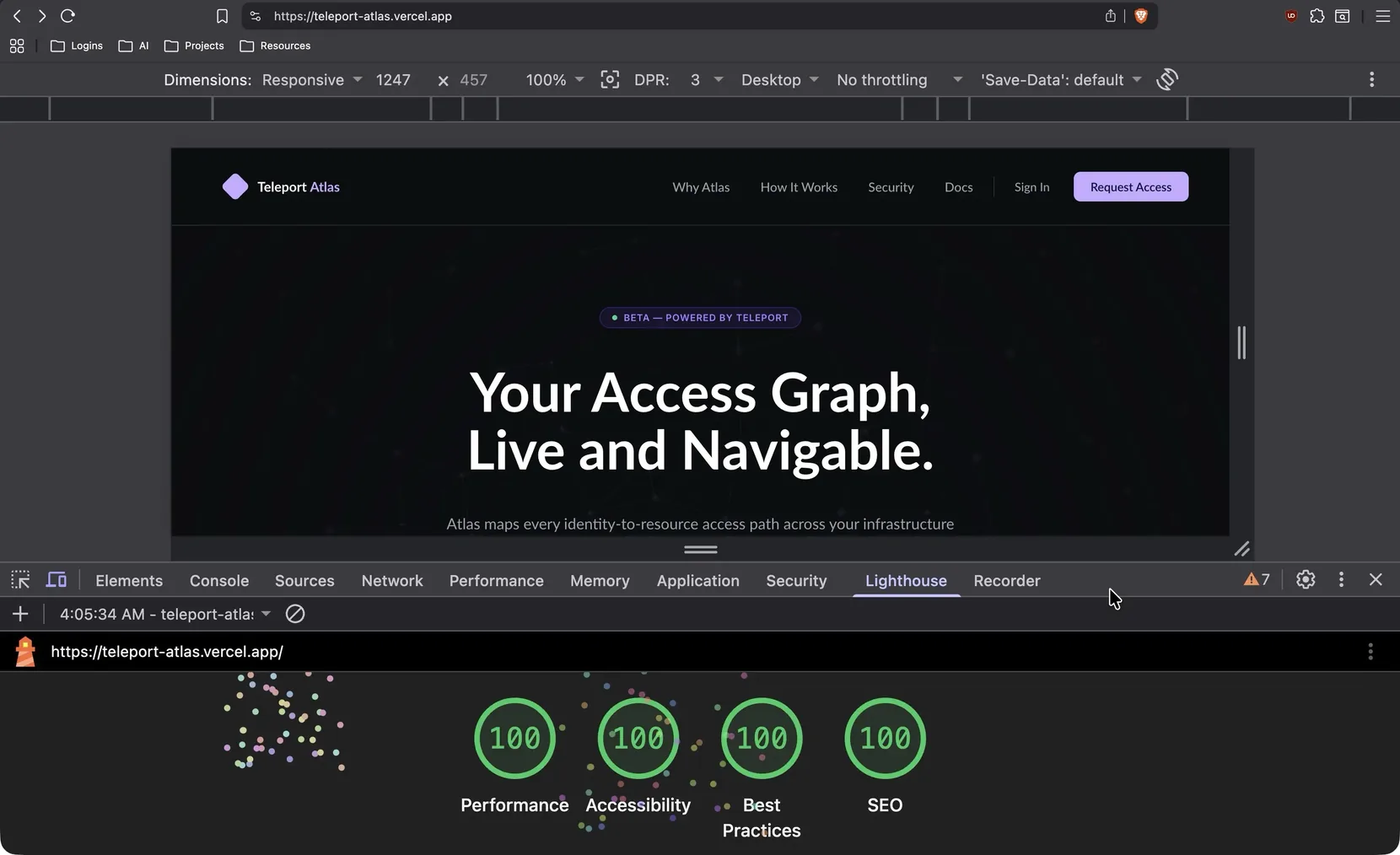 A Lighthouse mobile run scoring 100 for performance, accessibility, best practices, and SEO.