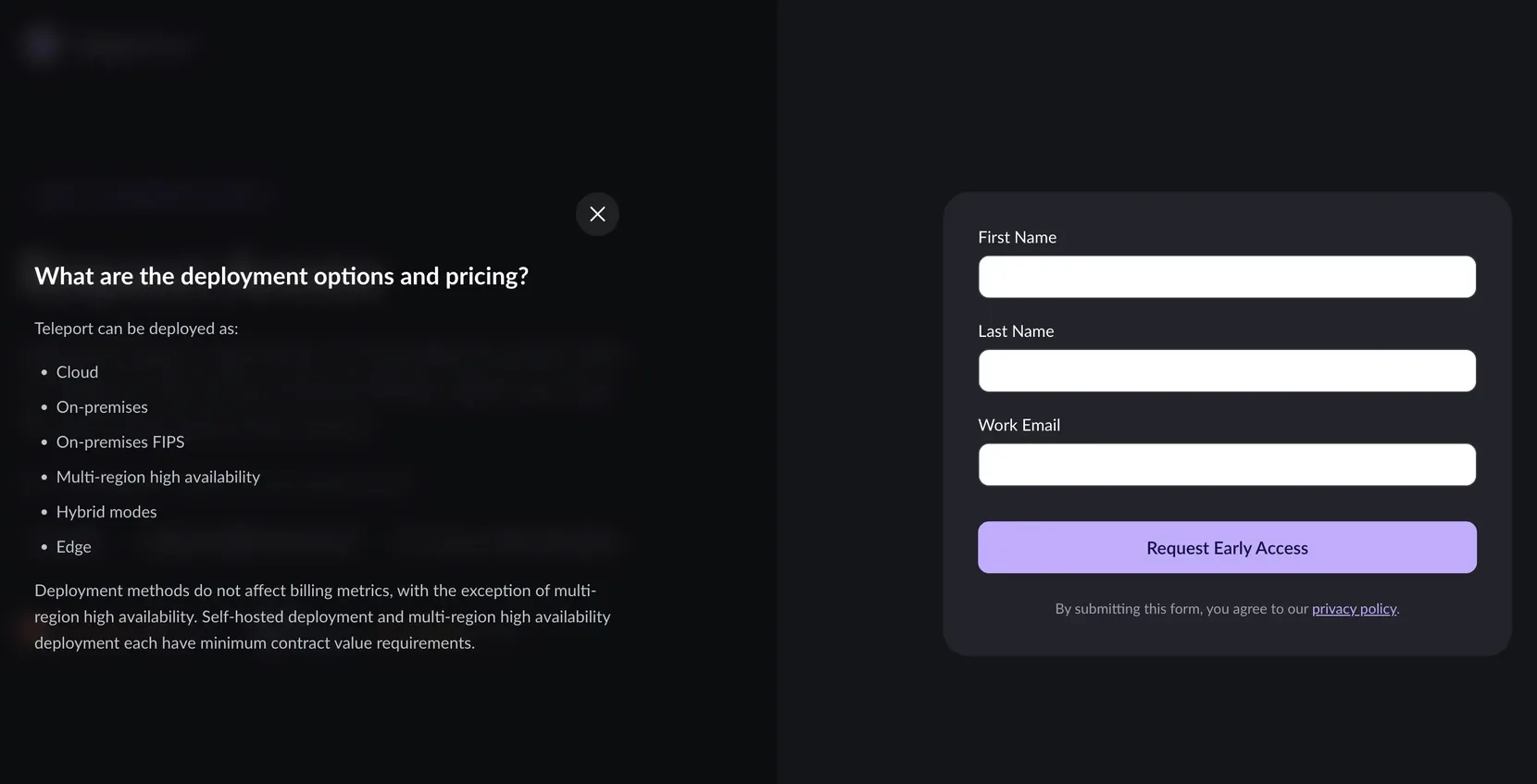 A FAQ topic opened as a modal that covers only the left half of the page, leaving the request-access form visible.