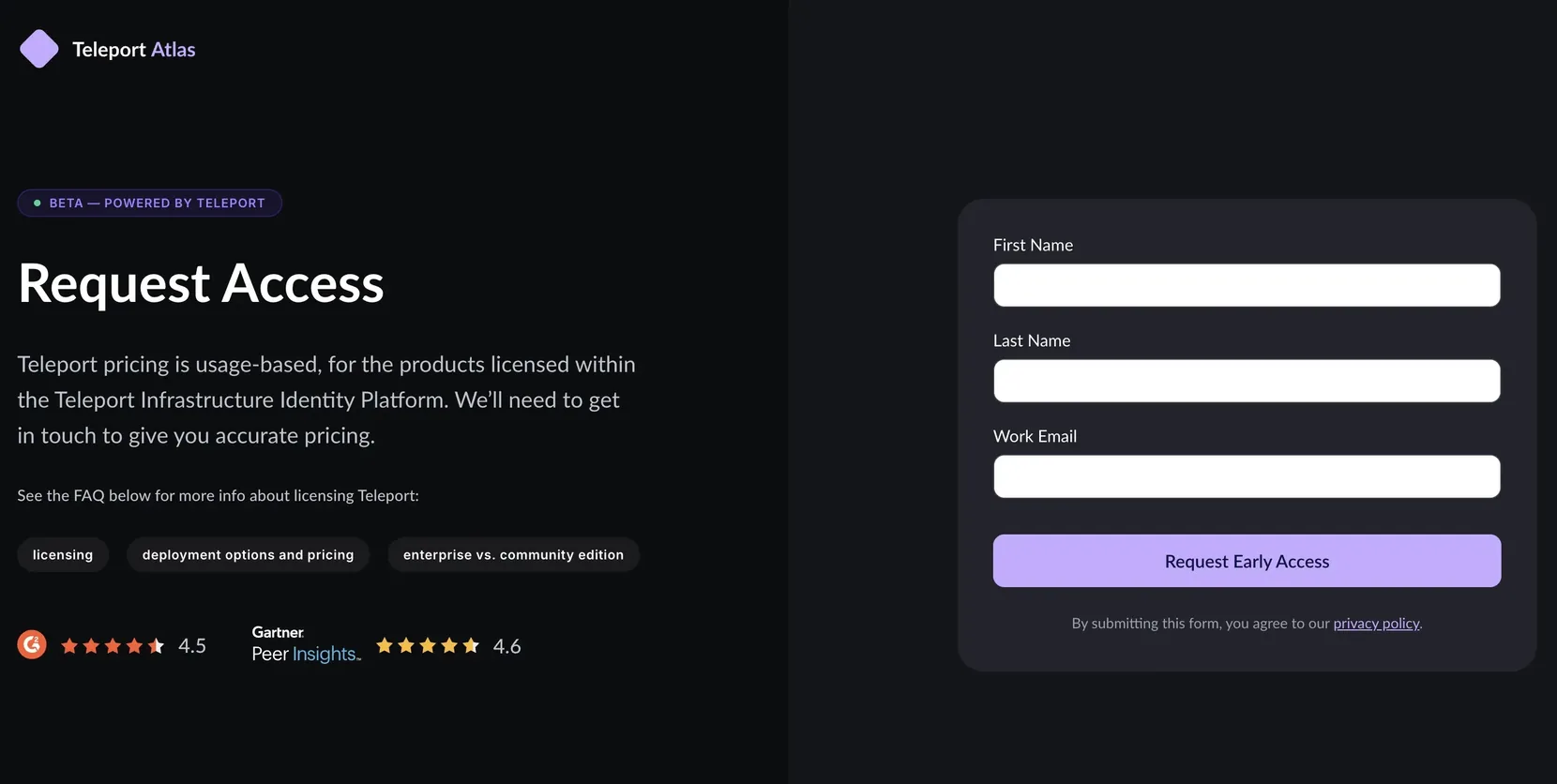 The request-access page with the form fixed on the right and FAQ topic tokens down the left side.