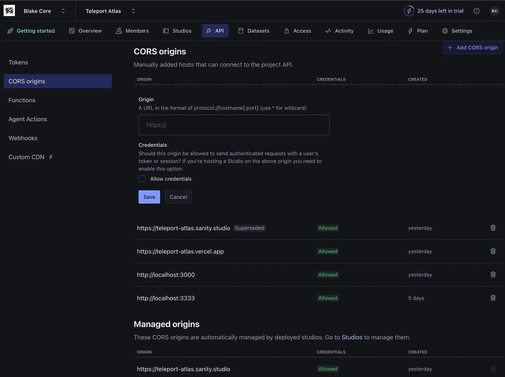 The CORS origins screen in sanity.io/manage, with the Add CORS origin form open and four registered origins listed below it